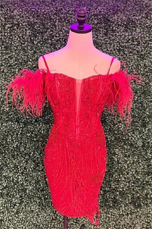 Red Off-the-Shoulder Sequined Sheath Homecoming Dress with Feathers Sexy Sequin Gown