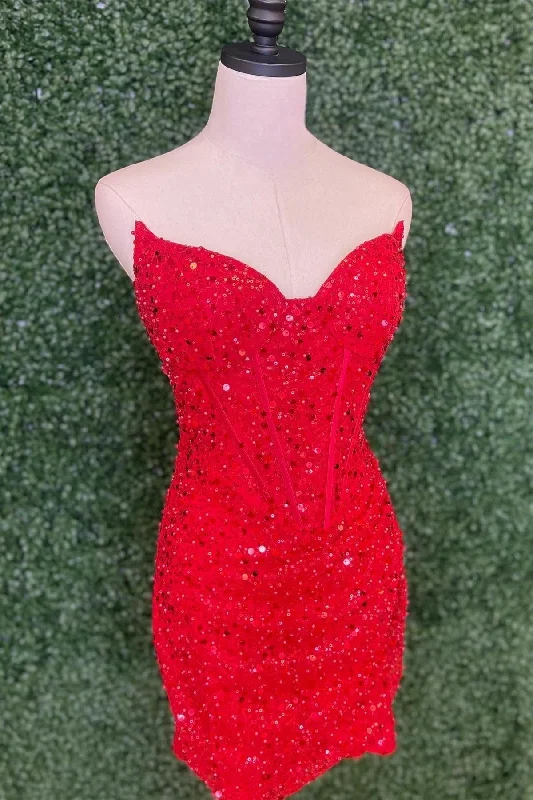 Red Strapless Sheath Sequins Homecoming Dress Flared Sequin Dress