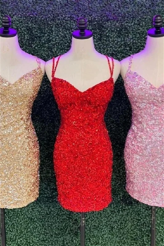 Red Straps Sequins Sheath Homecoming Dress Bright Sequin Dress