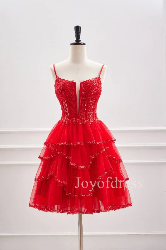 Straps Red Sequin Appliques Ruffle Short Homecoming Dress Shimmer Sequin Dress