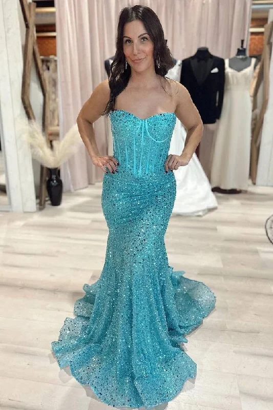 Sweetheart Strapless Empire Mermaid Sequins Prom Dress Sequin Dress Sleeveless