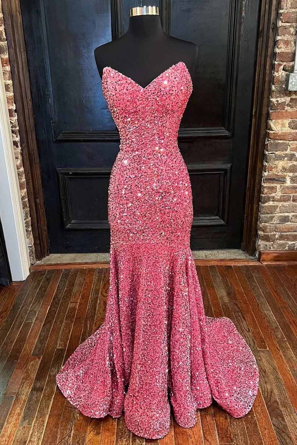 V-Neck Strapless Empire Mermaid Sequins Long Formal Prom Dress Strapless Sequin Dress