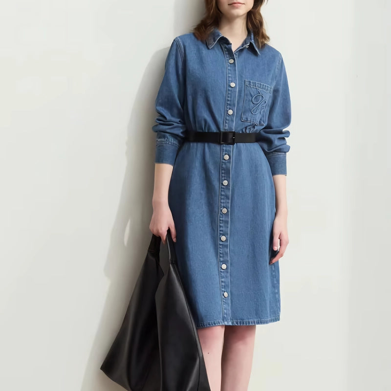 Denim Shirt Dress with Lapel Collar and Letter Embossing Dress Shirt Chic