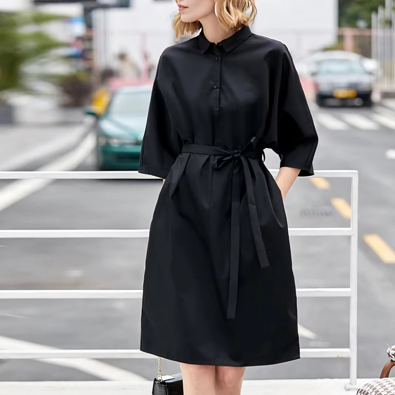 Elegant A-Line Shirt Dress with Belt White Linen Shirt