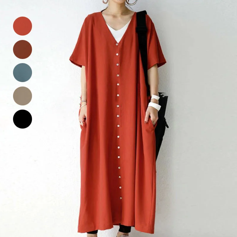 Japanese Summer Short Sleeve V-neck Shirt Dress Elegant Shirt Dress