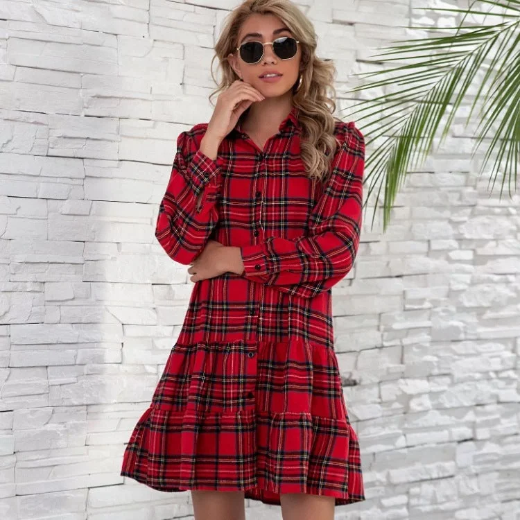 Plaid Shirt Long Sleeve Single Breasted Dress Lace Shirt Dress