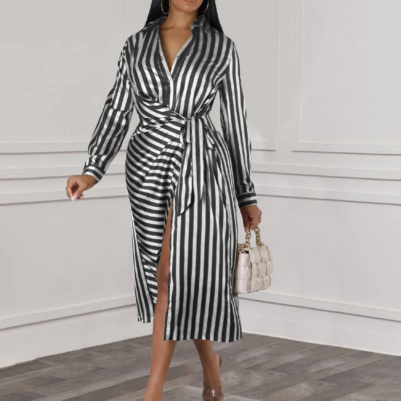 Striped Lapel Shirt Dress Loose Long Sleeve Dress Printed Button Shirt