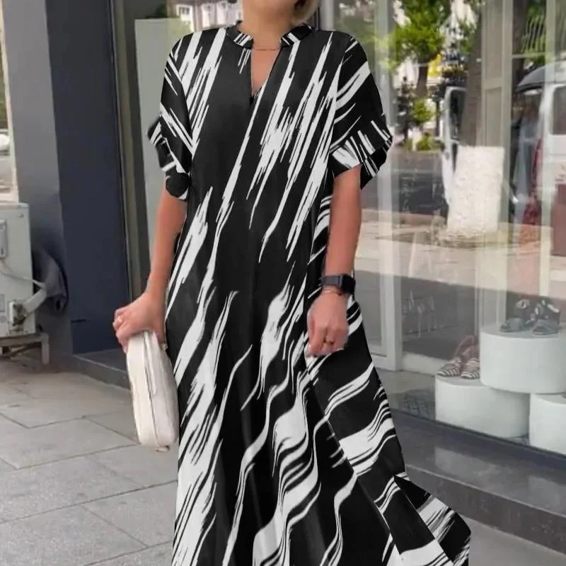 Summer New Women's Loose Casual Slit Long Shirt Dress Button-up Shirt Dress