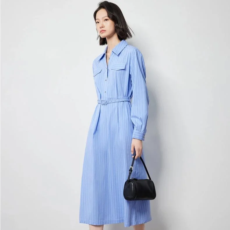 Women's Autumn Blue and White Striped A-Line Shirt Dress Day Shirt Dress