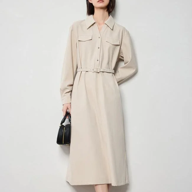 Women's Autumn Brushed Long Sleeve Shirt Dress Formal Shirt Gown