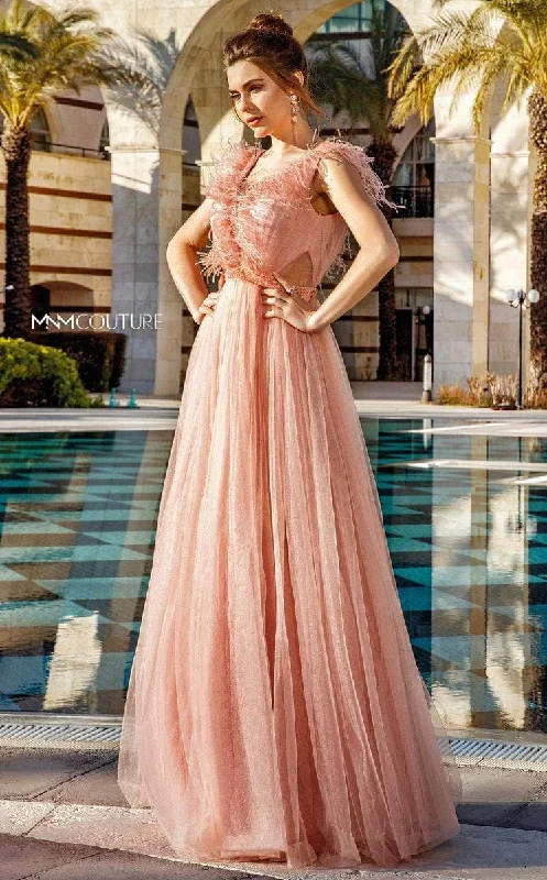 MNM Couture F6202 - Feather Accent Tulle Evening Dress Pink Tulle Dress